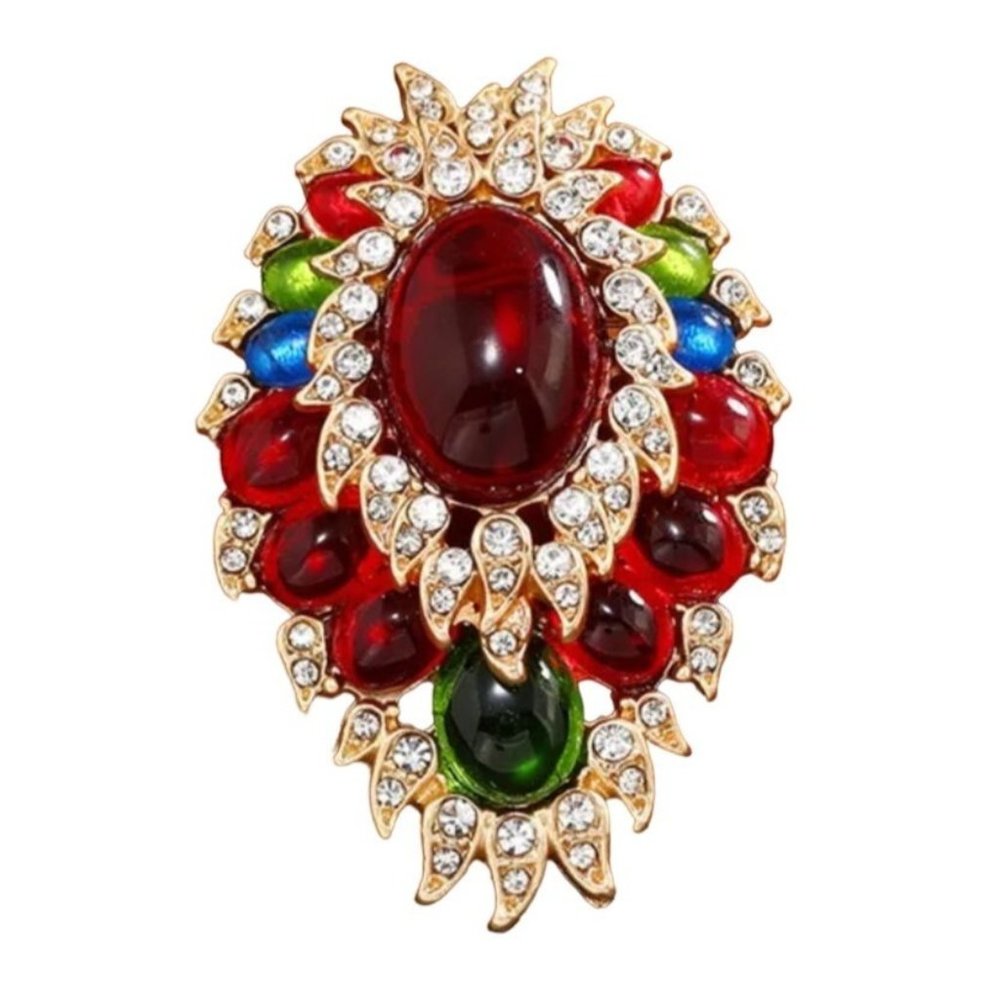 Brooch Red Green & Blue Cabochon with Clear Crystals Gold Tone